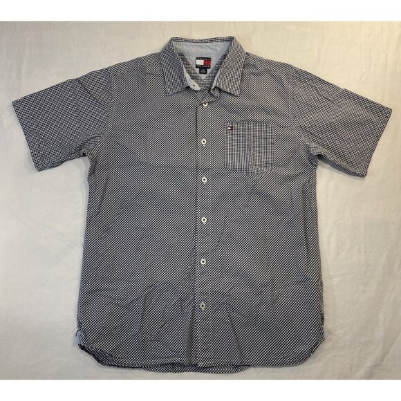 Large Blue/White Tommy Hilfiger Short Sleeve Button Up Shirt Collared Casual - Picture 1 of 8